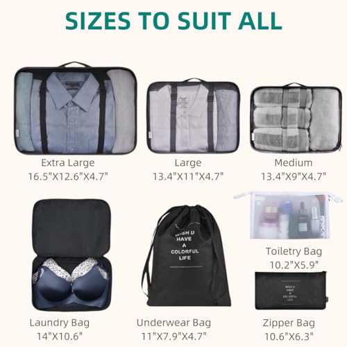 Packing Cubes 7 Pcs Travel Luggage Packing Organizers Set with Toiletry Bag (Black)4