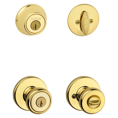 Kwikset Tylo Front Door Lock Handle and Deadbolt Set Entry Handleset Exterior with Interior Door Knob Polished Brass Pick Resistant SmartKey Rekey Deadbolt Security