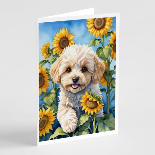 Caroline's Treasures Maltipoo in Sunflowers Greeting Cards Pack of 8 Blank Cards with Envelopes Whimsical A7 Size 5x7 Blank Note Cards