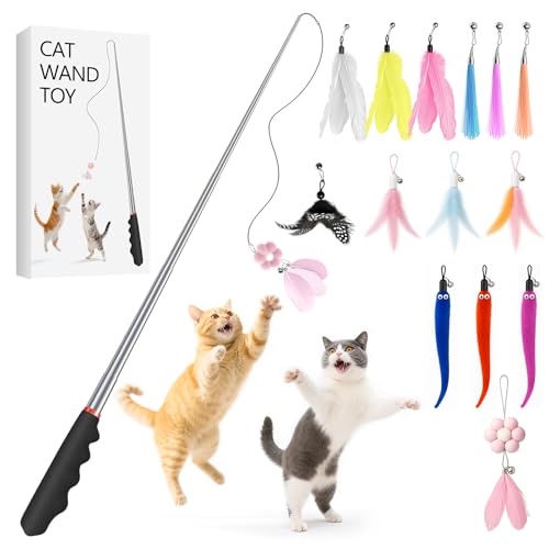 KDULPG 15PCS Interactive Cat Toys 1 Stainless Steel Cat Wand + 14 Assorted Teasers Cat Feather Toy Set for Indoor Cats Adult & Kittens
