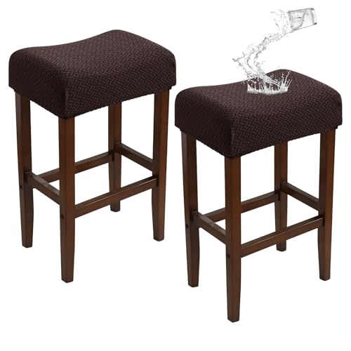 Image of Waterproof Brown Rectangle Bar Stool Covers Set of 2 18x14x4 Stretch Backless Counter Height Barstool Cushion Slipcovers Washable Replacment
