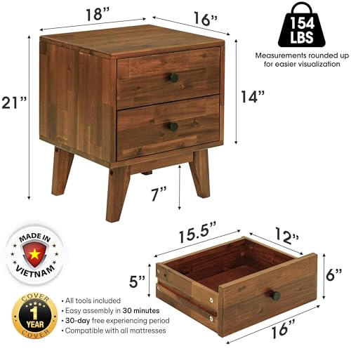 Image of Acacia Silvia Nightstand with 2 Drawers, Solid Wood Bedside Table, Table with Storage Drawers for Bedroom, Bedside End Table with Drawer and Storage Space, Chocolate