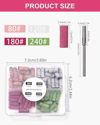 TPZORJX 60 Stück Schleifkappen mit Box,Schleifhülsen Nagelfräser,80/120/180/240 zum Schleifen,Olieren,Trimmen,Entfernen von Nägeln und Entfernen Abgestorbener Haut mit 1 Nagelbohrer(4 Farben)