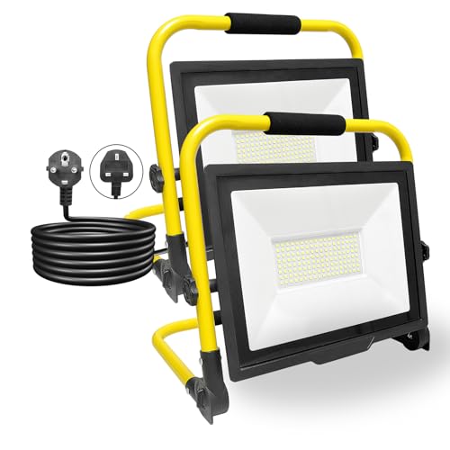 PICAA 2PCS 10000LM LED Work Light, LED Outdoor Flood Light, Job Site Lights, Plug in Folding Flood Light, Portable Stand Work Lights Floodlight for Car Repairing Home Workshop Garage, 6500K with Plug