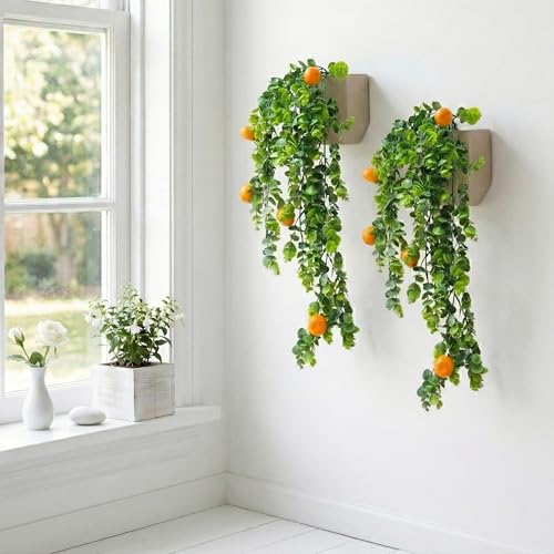 Image of Dekorly 2 Pack Artificial Plants Artificial Hanging Plants Faux Eucalyptus Leaf Greenery Fake Hanging Eucalyptus Plant (Green) (2, Orange Vine)