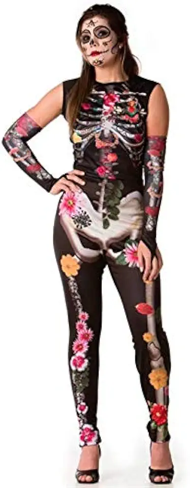 Fantasia Caveira Mexicana Adulto Feminino de Halloween Com Luvas