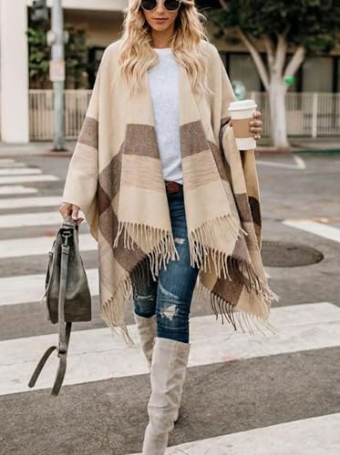 Image of Bestshe Women's Boho Open Front Poncho Plaid Shawl Wrap Cape | Tassel Cardigan Sweater, Cozy Layering, Fall Winter Clothes for Women