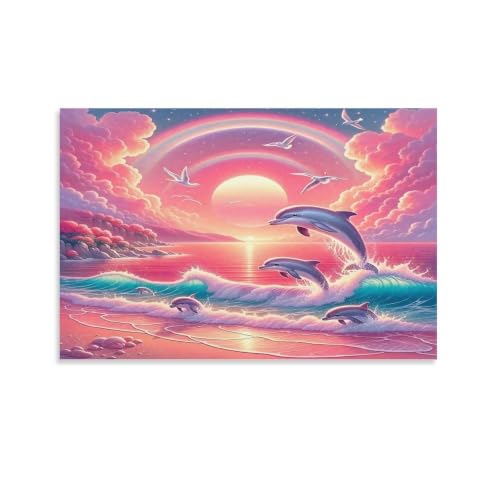 Dauphin arc-en-ciel art mural coucher de soleil plage tableau vagues encadré 60x90