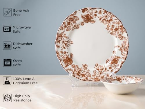 Image of Bodhi House Porcelain Dinner Set 12 Pieces - Brown Leaf | 6 Dinner Plates, 6 Katori Bowls | Premium Crockery Set for Dining, Kitchen & Gifting