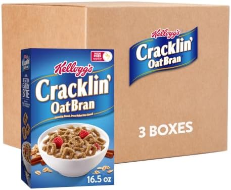 Kellogg's Cracklin' Oat Bran Breakfast Cereals, Fibre Cereal, Family Cereal, Original (3 Boxes)