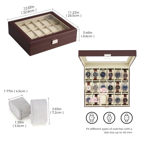 Image of ProCase Watch Box Organizer, 18 Slot Watch Display Case, Espresso&Beige | Watches Storage Boxes Holder for Men Women, Large Glass Lid, Removable Pillows, Anniversary Christmas Birthday Gifts