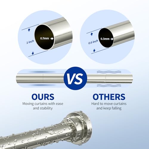Image of Mcrbeay Shower Curtain Rod, 1 inch Diameter Heavy Duty Tension Shower Rod, Non Slip Adjustable 28-102 inch No Drill Shower Curtain Rods Spring Tension For Bathroom, Shower Stall, No Rust, Brushed Nickel