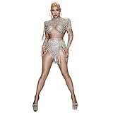 2 Pieces Sequin Fringe Bodysuit Sets Sexy Gold Long Sleeve Latin Stage Drag Queen Costume Performance Nightclub Bar Dj Singe (sliver)