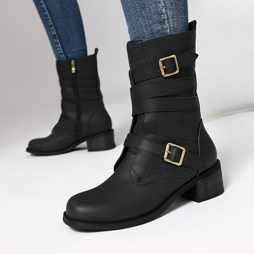 Women's Belt Buckle Mid Calf Boot,Retro Square Toe Chunky Heel Ankle High Shaft Boots,Women's Motorcycle Boots with Side Zipper Buckle Wrap Up Riding Boots.3