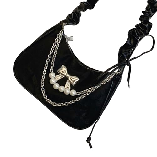 Elegant Pearls Pleated Underarm Shoulder Bag for Women Fashionable PU Leather Crossbody Purse with Bows Decoration