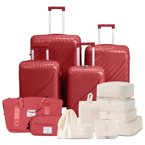 Karl home Luggage Sets of 6, PP Hardshell Suitcase Sets with 8 Packing Organization Cube, Carry on Checked Luggage with Spinner Wheels TSA Lock, Cabin Suitcase for Women Men, Red