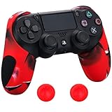 Pandaren® silikon dickere gälfte skin hülle Schutzhülle für PS4 controller (Tarnung rot) x 1 + thumb grips aufsätze x 2