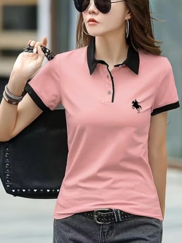Image of GLASGO Pure Cotton Regular Fit Plain Solid Classic Polo Collar Half Sleeve T-Shirt for Women (Colors: Black, Brown, Peach, Pink)