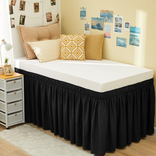 RIMELA Dorm Bed Skirt Twin XL 36 Inch Drop Easy to Install Extra Long Wrap Around Elastic Dust Ruffle Black Bedskirt Solid Silky Fabric Machine Washable (Twin XL 80L x 39W & Twin 75L x 39W)
