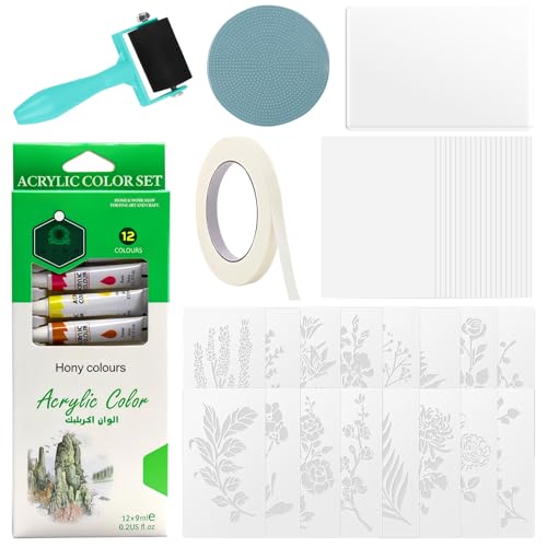 Gel Druckpad Set Gel Press Monodruckplatte Gel-Druckset Inklusive A5-Gel-Platten 12 Acrylfarben A5-Zeichenpapier und Unverzichtbaren Werkzeugen für Kartenherstellung Scrapbooking Kunst und Handwerk