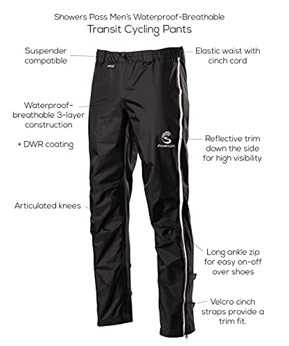 Showers Pass Men's 3-Layer Waterproof Transit Pants - PFAS-Free DWR, Breathable, Fully Seam Taped, Packable Reflective Rain Shell - Black, Large