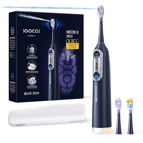 Soocas NEOS II Ultra – Electric Toothbrush with Water Flosser Combo, 3-in-1: Flosses, Vibrates and Oscillates, Flossing Toothbrush for Adults, Cordless Water Flosser for Travel, Midnight Blue