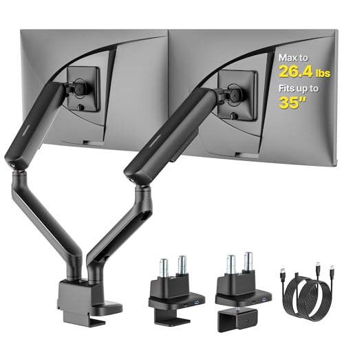 monTEK Dual Monitor Arm with USB, Mechanical Spring Monitor Arm for 17-35" Screens, Adjustable Monitor Desk Mount Each Holds up to 26.4 lbs with C Clamp/Grommet Desk Mount, VESA 75/100mm