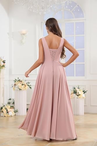 Spaghetti Straps Bridesmaids Dresses for Women V Neck Pleated Corset Formal Evening Gowns with Slit2