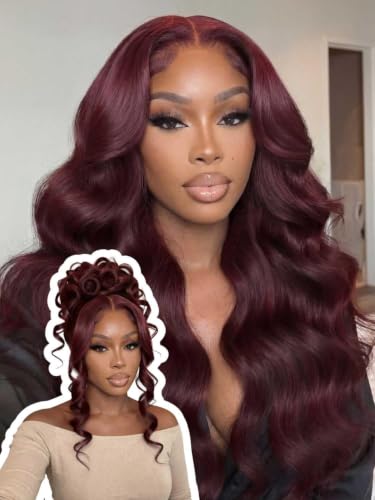 Image of Beauty Forever 13x4 Pre-Everything Lace Frontal Glueless Wig Human Hair Pre Plucked Pre Cut Black Cherry Loose Body Wave Drawstring Wig With Face Framing Layers Ready to Go Wigs 150% Density 20inch