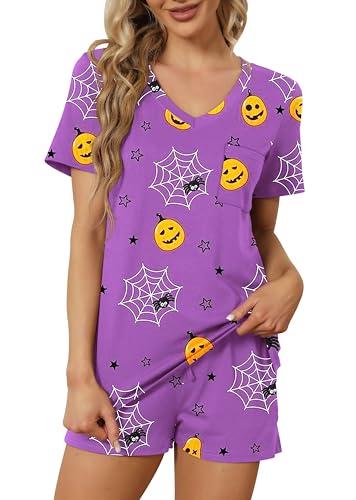 Image of RUBZOOF Women's Short Sleeve Pajama Sets with Pockets Casual V Neck 2 Piece Lounge Sets S-3XL