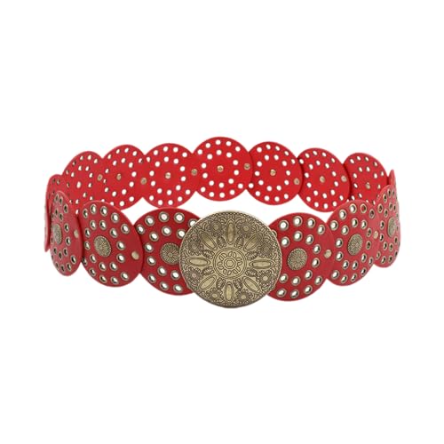Belts for Women,Womens Leather Belt,Round Disc Hollowed PU Belt for Jeans Pants Waist Decors Large Eyelet Wide Belt for Jeans Shorts Women Waist Accessories(Red)