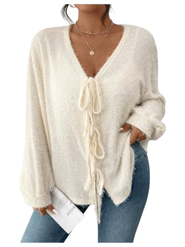 Women's Plus Size Bow Tie Front Cardigan Deep V Neck Long Sleeve Fuzzy Sweater