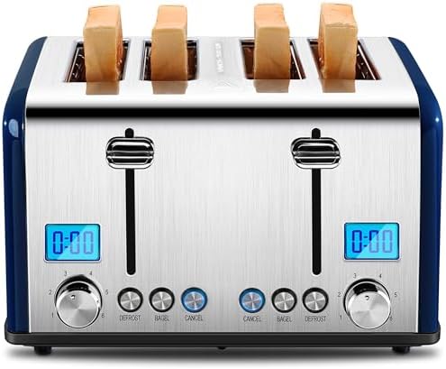 Roter Mond Countdown Stainless Steel 4 Slice Toaster with Bagel, Defrost, Cancel Function, Dual Toaster, Extra Wide Slots, 6 Shade Settings, Removable Crumb Trays, 1650W, Blue