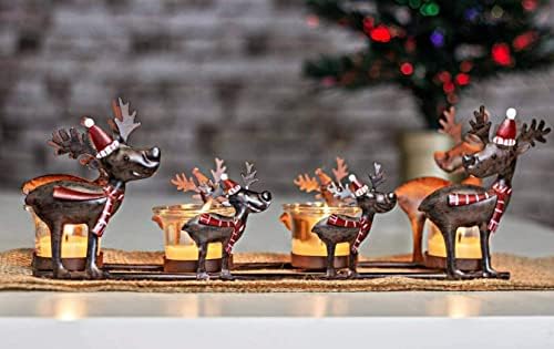 HomeZone Reindeer Votive Tealight Christmas Candle Holder Metal Festive Rustic Décor Candle Holder Xmas Centrepiece Rudolf Santa Reindeer Display Gift