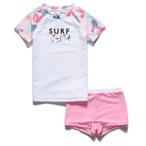 Image of PHIBEE Girls' Short Sleeve Rash Guard Set UPF 50+ Sun Protection Two-Piece Swimwear