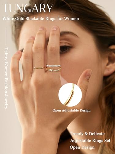 Tungary Gold Stackable Rings for Women Non Tarnish Open Adjustable Thin Thumb Rings 14K Gold Plated Stacking Cubic Zirconia Knuckle Pinky Ring Set Dainty Statement Promise Wedding Band Ring for Women - view 1