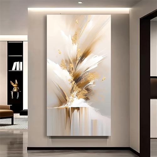 Tableau abstrait vertical doré grand format 55x110 cm pour salon