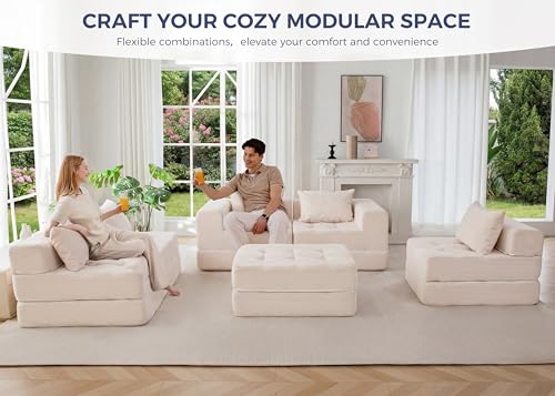 Image of MAXYOYO Modular Sectional Sofa Couch, Foldable U Shaped Cloud Couch with Pillows, Tufted 6-Seat Boneless Lounger Sofa for Living Room, No Assembly Required, Beige