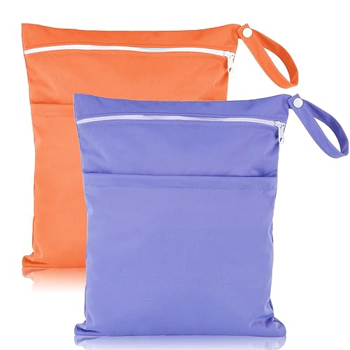 Heyu-Lotus - Heyu-Lotus 2 Packs Wet Dry Bags, Reusable Washable Cloth Diaper Nappy Bags with Double Zipper Pockets for Baby Items, Wet Clothes, Swimming, Gym, Pool, Beach (Purple+Orange)