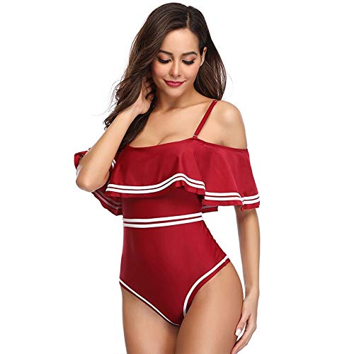 Monokini de un hombro con volantes negro y blanco traje de baño brasileño 2