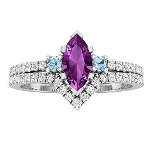 Dazzlingrock Collection 8X4 Mm Marquise Amethyst, Round Blue Topaz & White Diamond Ladies 3 Stone Engagement Ring Set, 10K White Gold, Size 7 #TOP1