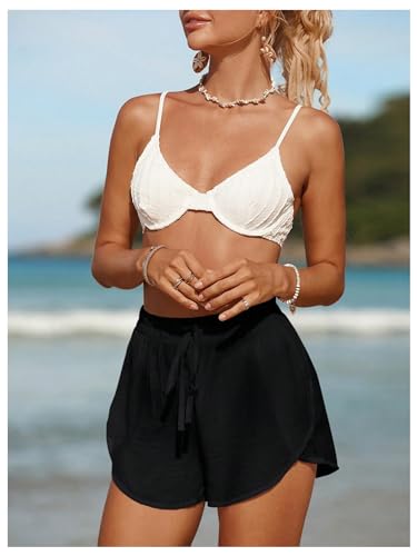 MakeMeChic Women's Drawstring Waist Bikini Cover Up Solid See Through Split Hem Beach Cover Up Shorts3