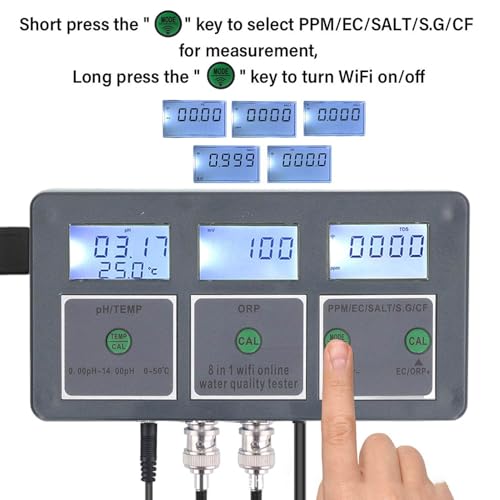 8 in 1 PH EC SALT ORP TDS CF TEMP Tester Online della qualità 'acqua per Acquari, Coltura, Laboratori, Spa, Piscine, con Monitoraggio Remoto e Ricezione Dati in Tempo Reale per