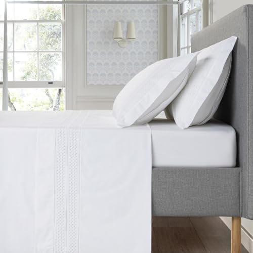 Casa da Laura - Juego de Sábanas Blancas con Tira de Encaje Neil - 200 Hilos de Algodón - Sábanas para Cama de 180 cm - con 2 Fundas de Almohada de 50x90 cm