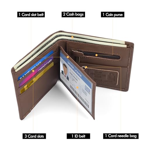 Men's Slim Wallet RFID Blocking Bifold Genuine Leather Holds 6+ Cards & Cash with 1 ID Window Anti-Theft Secure Wallet for Travel & Everyday Use（With Gift Box，Light Brown）3