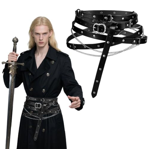 XGOPTS Medieval DIY Faux Leather Metal Chain Belt Ren Faire Adjustable Waist Belt Viking Knight Pirate Skinny Belts for Dress2