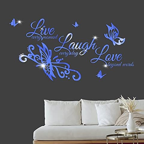 3D Acrylic Mirror Wall Decor Stickers DIY Love Live Laugh Butterfly Wall Decals, SMFANLIN Mirror Surface Motivational Letter Wall Decals Acrylic Décor Art Murals for Living Room Office Bathroom (Blue) Cover