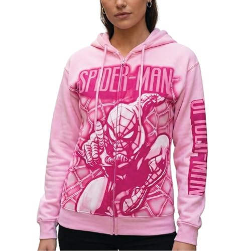 Image of Marvel Spiderman Sweatshirt for Women - Graphic Full Zip Hoodies for Women with Front Pockets - Fashion Graphic Sweatshirts, Light Pink Spiderman, S