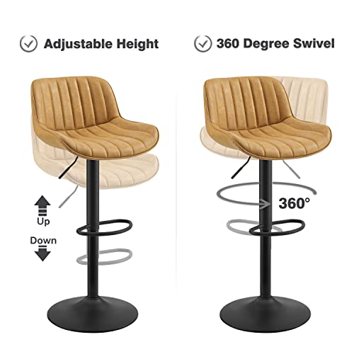 Volans Bar Stools Set Of 4, Mid Century Counter Stools Faux Leather Swivel Adjustable Height, Counter Height Pub Bar Chair With Back, Stools For Kitchen Counter, Black Powder Coated Base, Yellow #TOP2