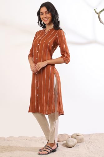 Image of Aurelia Women's Orange Yarn Dyed Cotton Blend Straight Kurta